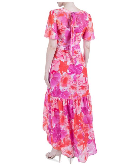 Julia Jordan Pink Printed Flutter-sleeve High-low Maxi Dress