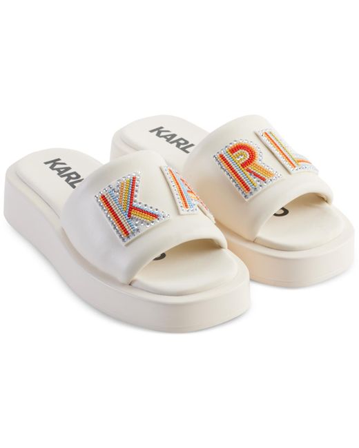 Karl Lagerfeld White Opal Embellished Platform Slide Sandals