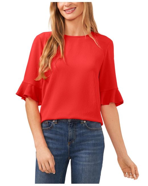 Cece Red Ruffled Cuff 3/4-sleeve Crew Neck Blouse