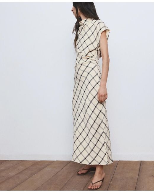 Mango White Draped Neckline Checked Dress