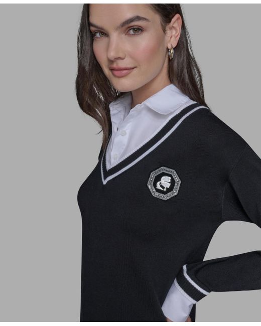 Karl Lagerfeld Black Twofer Patch V-neck Sweater