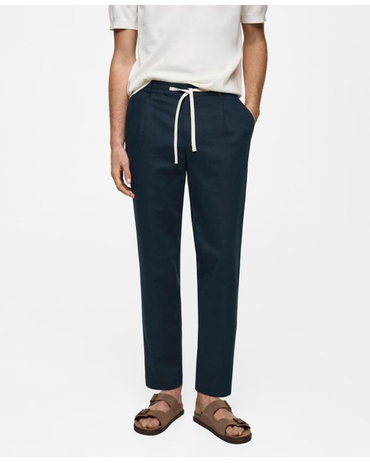 Mango Blue Slim-fit Linen-blend Drawstring Pants for men