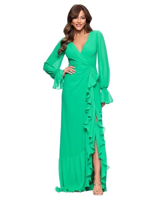 Xscape Green V-neck Ruffle-trim Slit-front Chiffon Gown