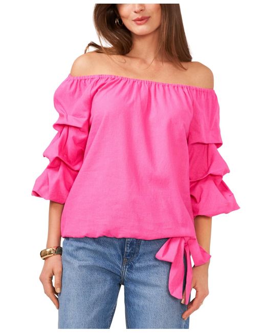 Vince Camuto Red Linen-blend Off The Shoulder Bubble Sleeve Tie Front Blouse