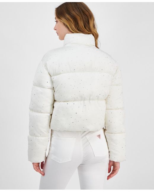 Guess White Antonia Strass Embellished Puffer Coat