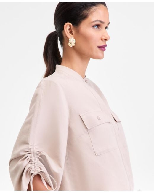 INC International Concepts White Tie-sleeve Chambray Tie-waist Blouse