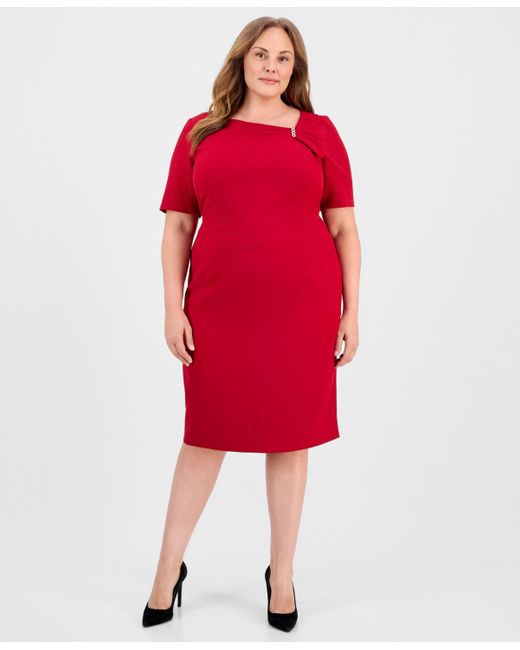 kasper red sheath dress Kasper Plus Size Asymmetric Elbow-sleeve Sheath Dress in Red