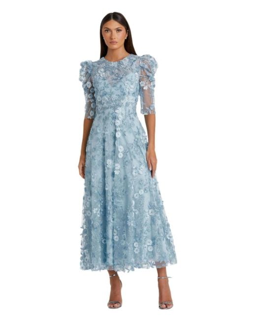 Mac Duggal Blue Applique High Neck Puff Sleeve A Line Dress