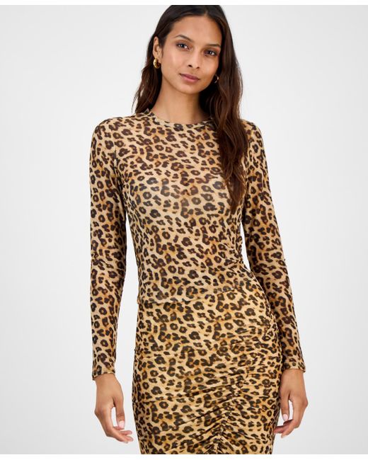 BarIII Brown Print Mesh Long-sleeve Top