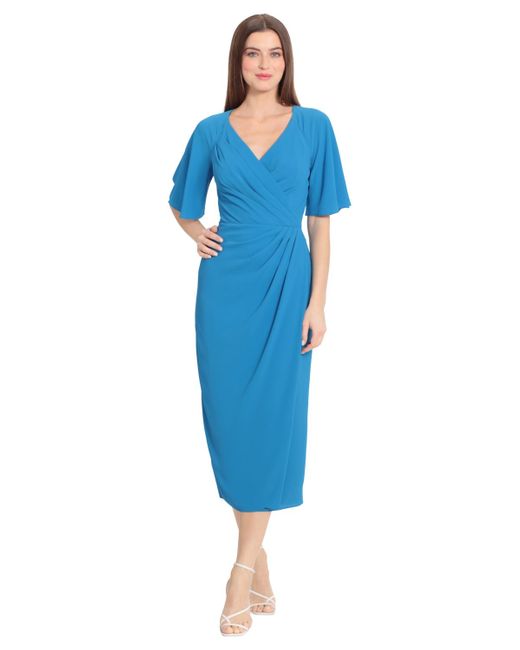 Maggy London Blue Draped Elbow-sleeve Midi Dress