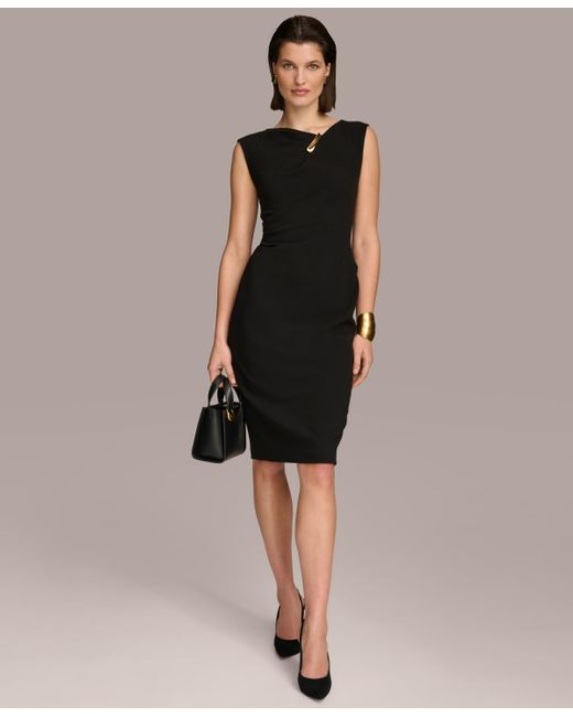 Donna Karan Black Asymmetric Hardware Sleeveless Sheath Dress