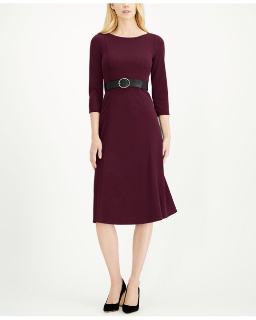 Calvin Klein Purple 3/4-sleeve Belted Midi Dress