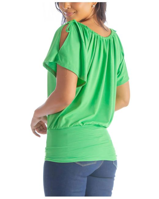 24seven Comfort Apparel Green Solid Color Short Sleeve Split Shoulder Top