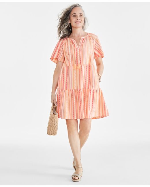 Style & Co. Pink Stripe Split-neck Tiered Dress