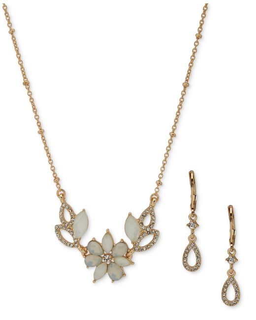 Anne Klein Metallic Gold-tone Floral Cluster Drop Earrings & Pendant Necklace Set