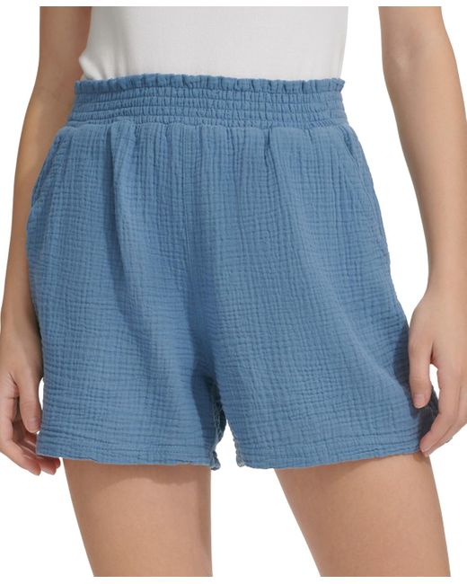 Calvin Klein Blue Smocked-waist Double-crepe Pull-on Cotton Shorts