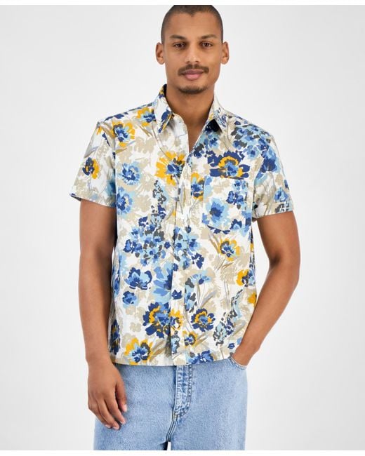 Sun & Stone Blue Sun + Stone Floral-print Short-sleeve Shirt for men