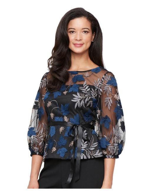 Alex Evenings Blue 3/4-sleeve Embroidered Blouse