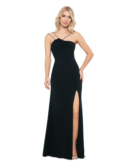 Xscape Black Asymmetric Rhinestone-strap High-slit Gown