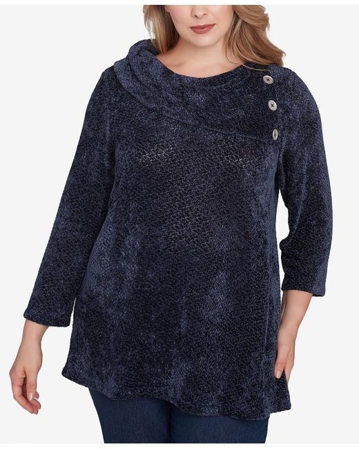 Ruby Rd Blue Plus Size Split Cowl Neck Chenille Shine Knit Top