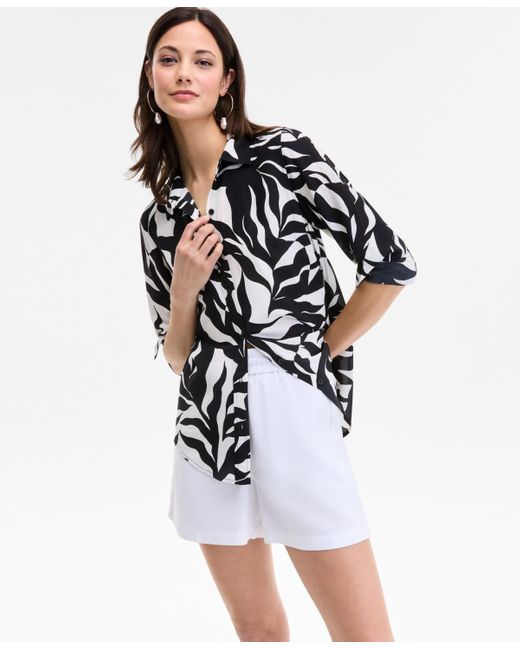 INC International Concepts White Printed Long-sleeve Button-down Shirt