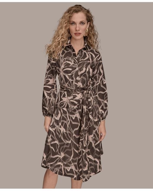 Donna Karan Brown V-neck Printed Dress