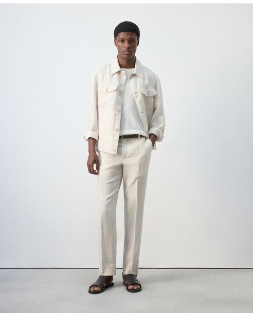 Mango White Linen Striped Pants for men