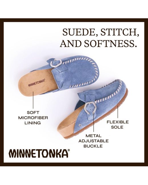 Minnetonka Blue Suede Adjustable Buckle Clogs
