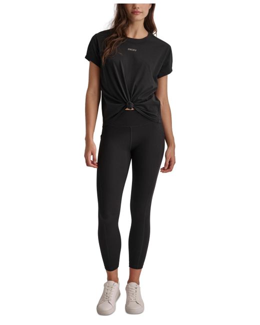DKNY Black Sport Cotton Stud Logo Knot-front T-shirt