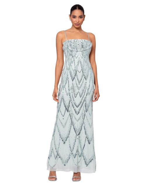 Betsy & Adam White Sequin-embellished Draped-neck Gown