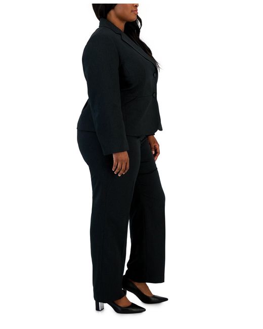 Le Suit Black Plus Size Two-button Pinstriped Pantsuit Set