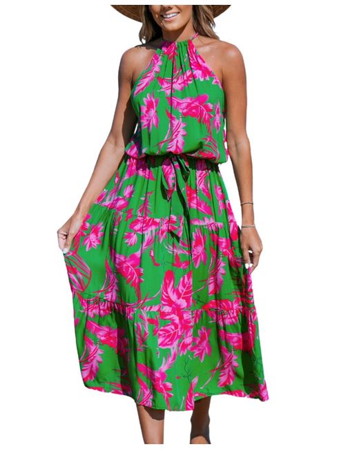 CUPSHE White Pink-and-green Floral Maxi Halter Beach Dress