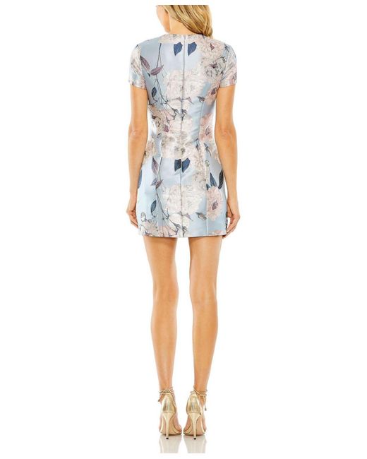 Mac Duggal Blue Short Sleeve Fitted Floral Mini Dress