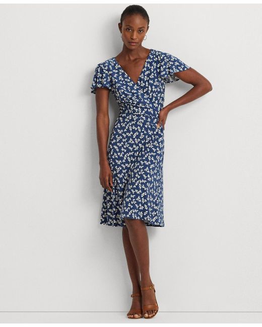 Lauren by Ralph Lauren Blue Floral Stretch Jersey Surplice Dress