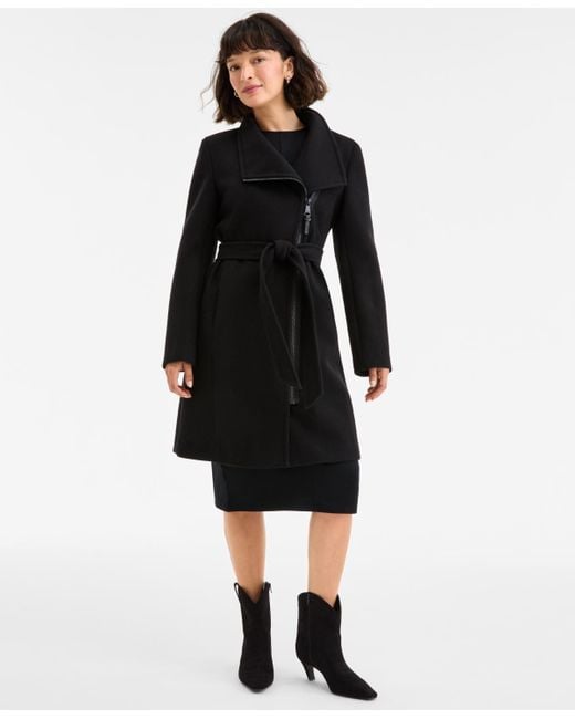 DKNY Black Asymmetric Front-zip Belted Coat