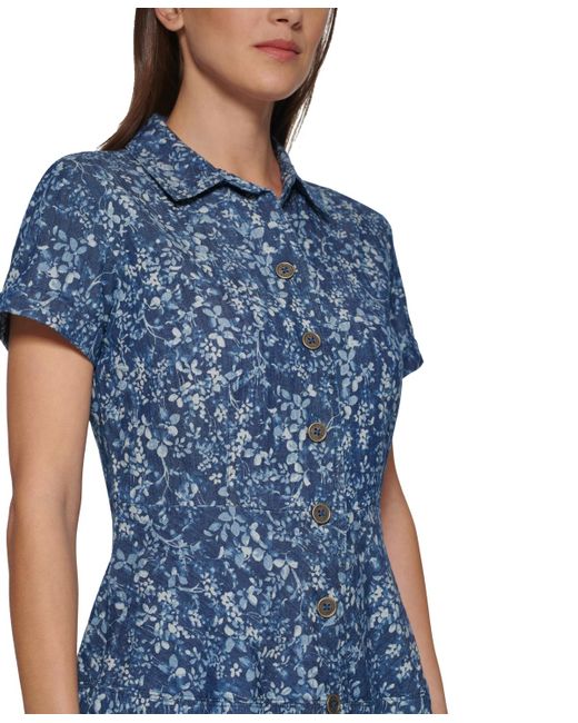 Tommy Hilfiger Blue Floral-print Chambray Shirtdress