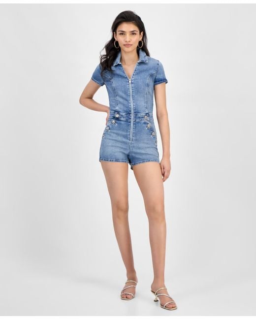 Guess Blue Janae Collared Zip-front Denim Romper