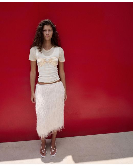 Mango White Selection Threads Midi Skirt