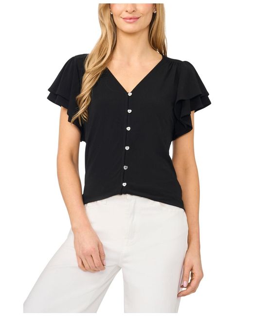 Cece Black Flutter-sleeve V-neck Blouse