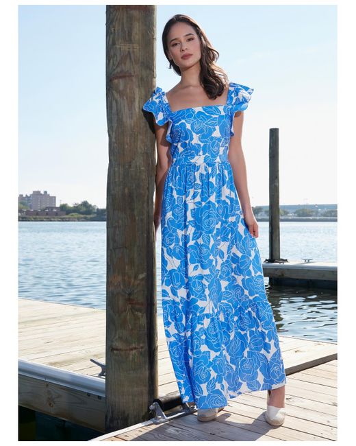 London Times Blue Petite Cotton Floral Ruffle-sleeve Maxi Dress