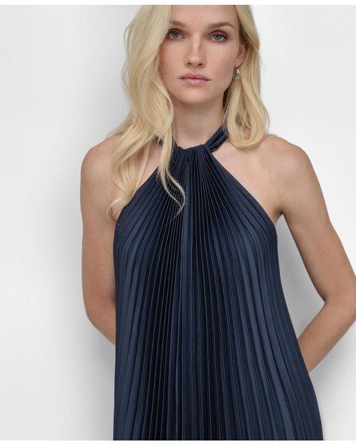 dkny blue pleated dress DKNY Women Blue Bubble-Sleeve Tie-Waist Pleated Fit & Flare Dress Plus Size 14W