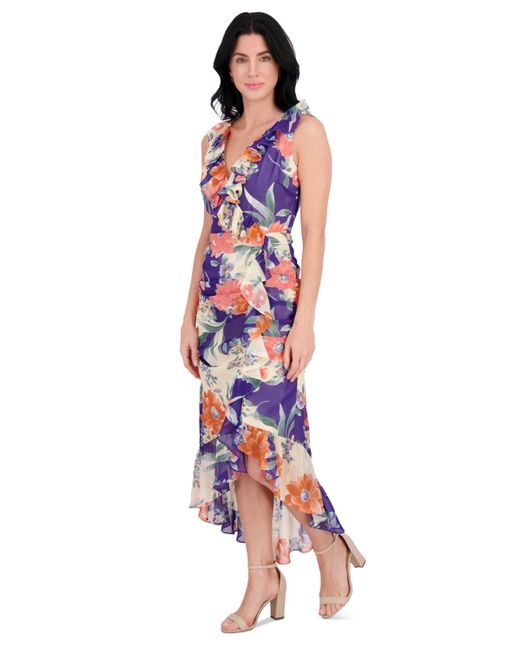 Kensie Red Printed Ruffled High-low Maxi Dress