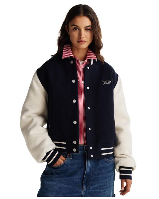 Tommy Hilfiger Blue Striped-trim Colorblocked Varsity Jacket