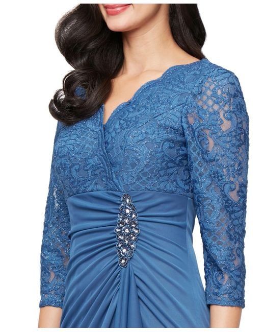 Alex Evenings Blue Lace-bodice Cascade-ruffle Gown