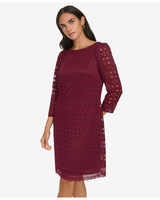 Jessica Howard Women's Red Petite Lace 3/4-sleeve Shift Dress