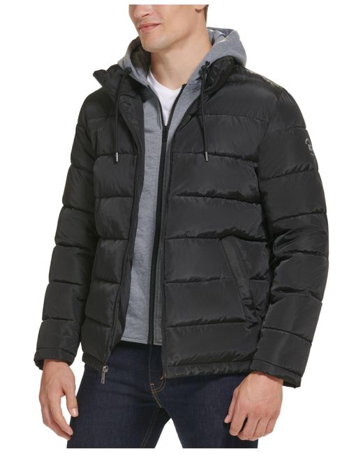 Kenneth Cole Puffer Jacket With Attached Bib And Hood in Black for Men ...