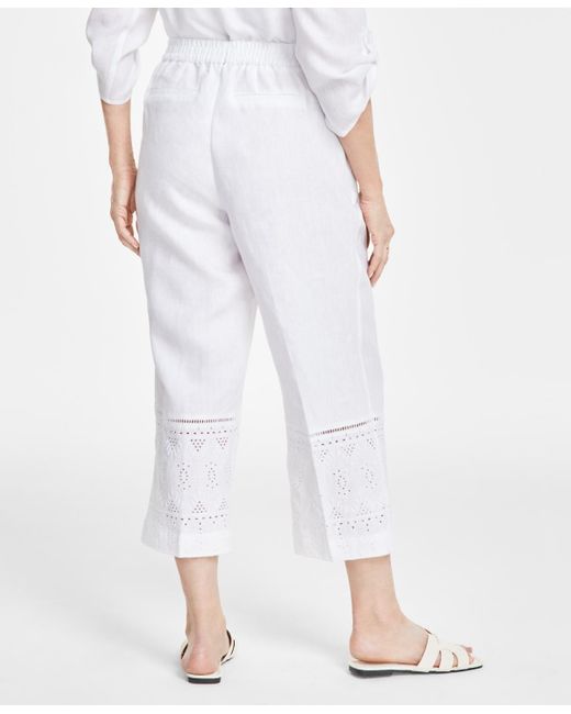 Charter Club White 100% Linen Cropped Eyelet Pull-on Pants