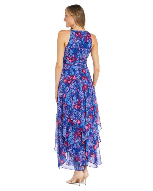 R & M Richards Blue Floral-print Ruffled Maxi Dress