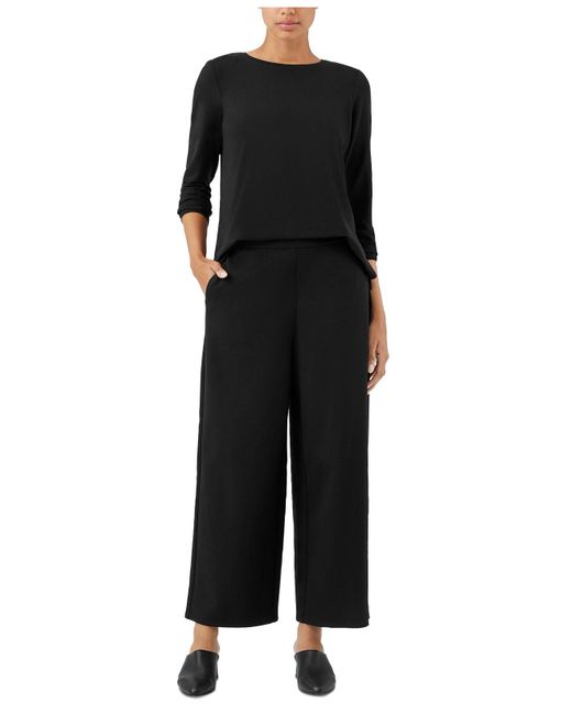 Eileen Fisher Knit Pull-on Wide-leg Ankle Pants in Black | Lyst