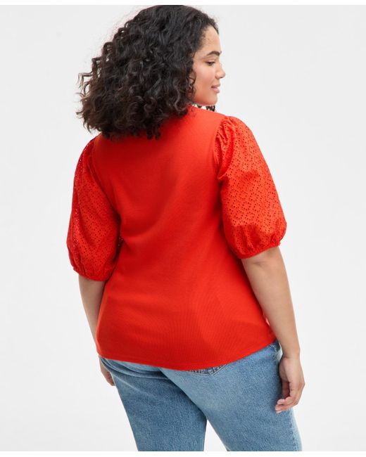 On 34th Red Trendy Plus Size Eyelet-sleeve Rib-knit Top